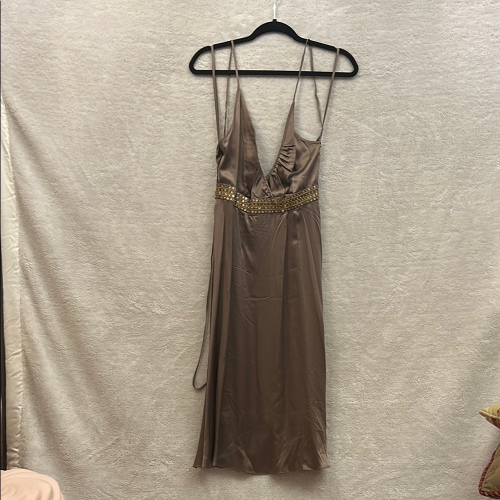 Champagne & Gold Backless Slip Dress with Plunge Neckline